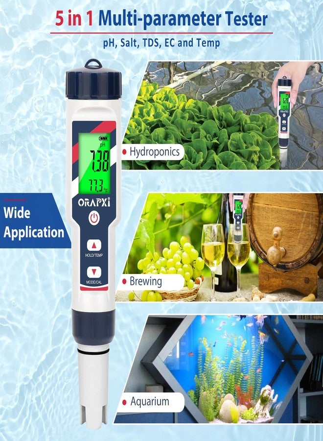 ORAPXI جهاز قياس درجة الحموضة والملوحة ORAPXI 5 في 1، يقيس درجة الحموضة والملح والمواد الصلبة الذائبة والتوصيل الكهربائي ودرجة الحرارة، مناسب لأنظمة الزراعة المائية، ومسابح المياه المالحة، وقياس درجة الحموضة ودرجة تركيز الأملاح، واختبار المياه لزراعة النباتات الداخلية، وأحواض الاستحمام الساخنة، والمنتجعات الصحية، وأحواض السمك، وتخمير البيرة المنزلية. - Image 4